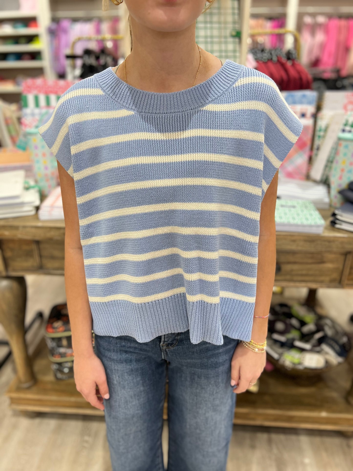 Madison Striped Sweater Vest - White/Periwinkle