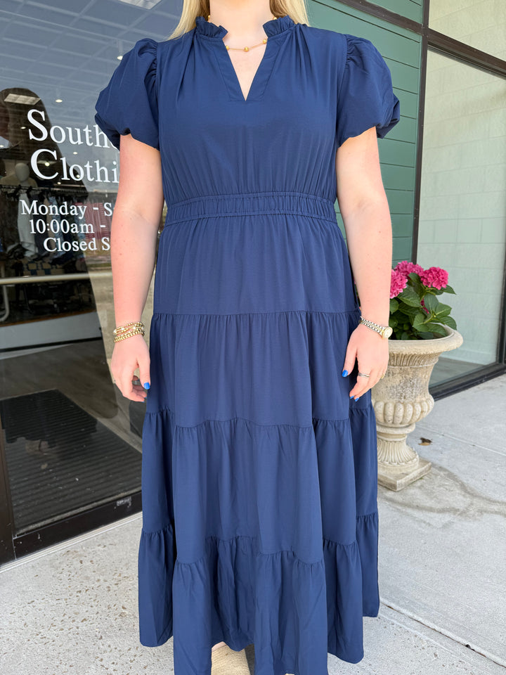 Jade Tiered Puff Sleeve Maxi - Navy Plus