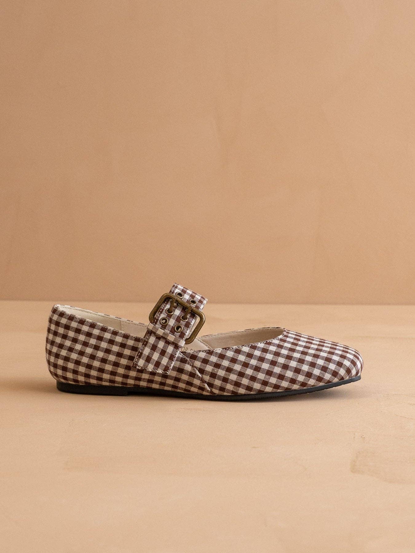 The Soho | Coffee Gingham Ballet Fall Flat Studded Buckle