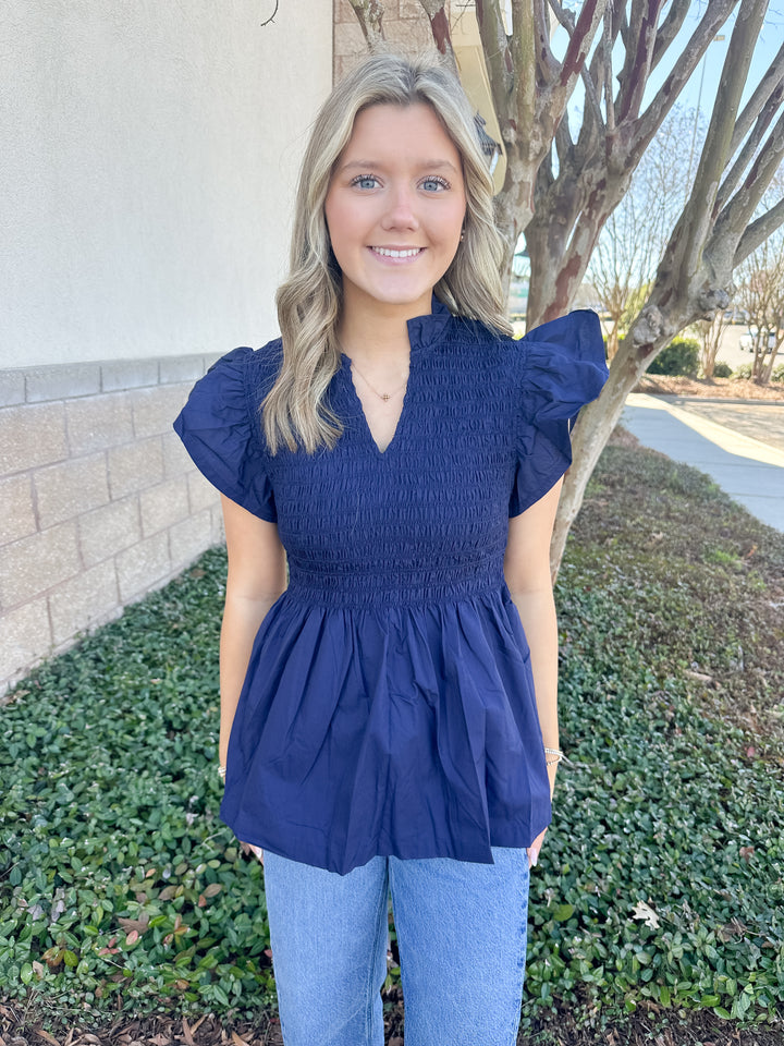 Andy Smocked Top - Navy