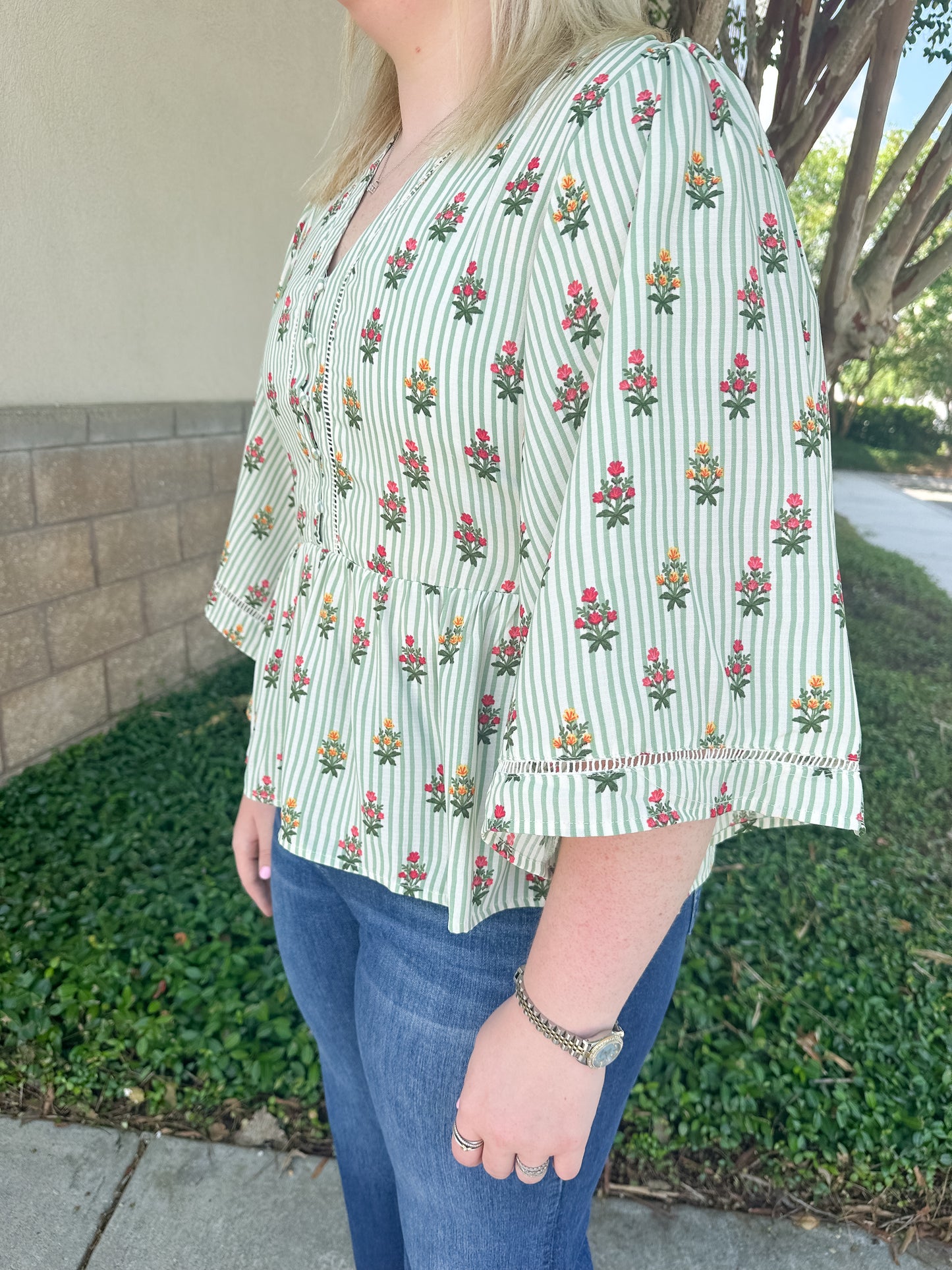 Monroe Top - Cottage Stripes Green