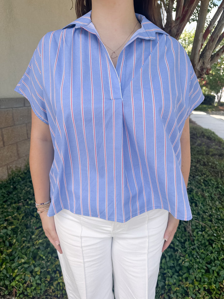 Helen Signature Collar Top - Blue & Red Stripe