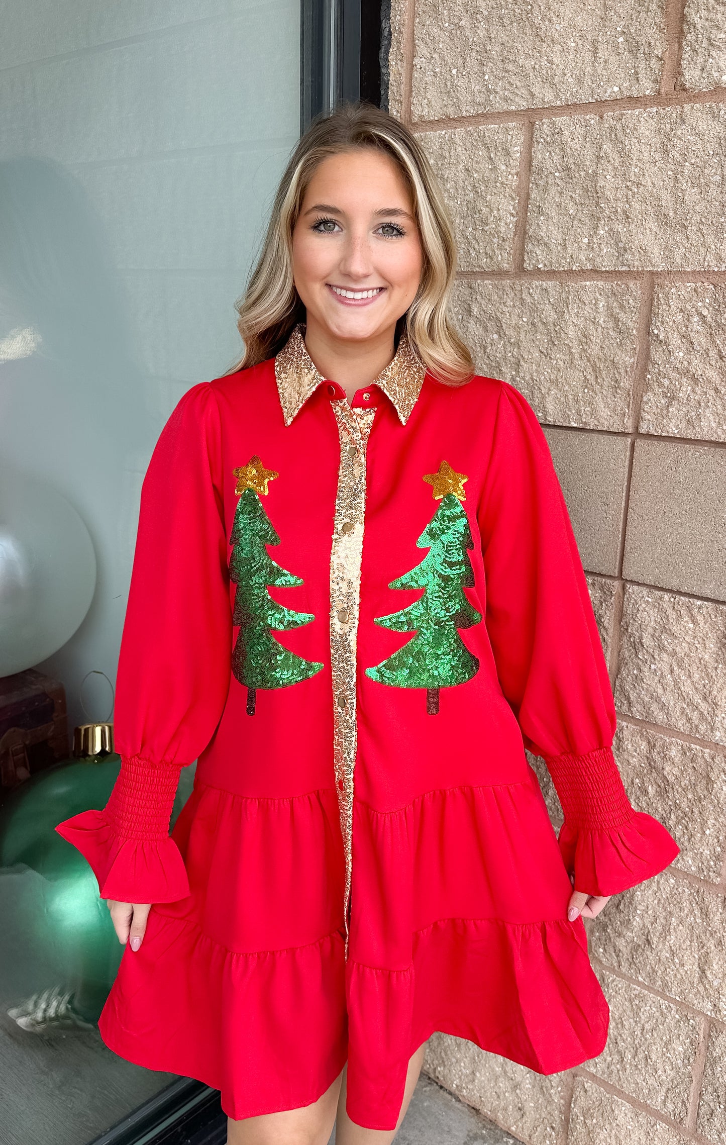 JM Christmas Tree Button Down Dress