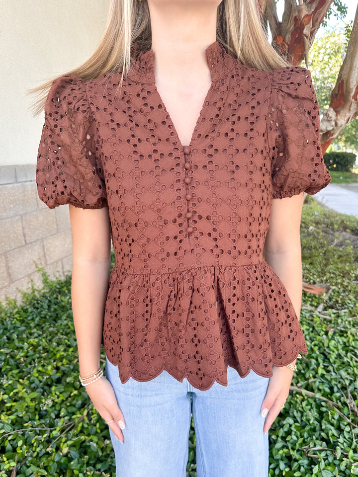 Elise Eyelet Top - Brown