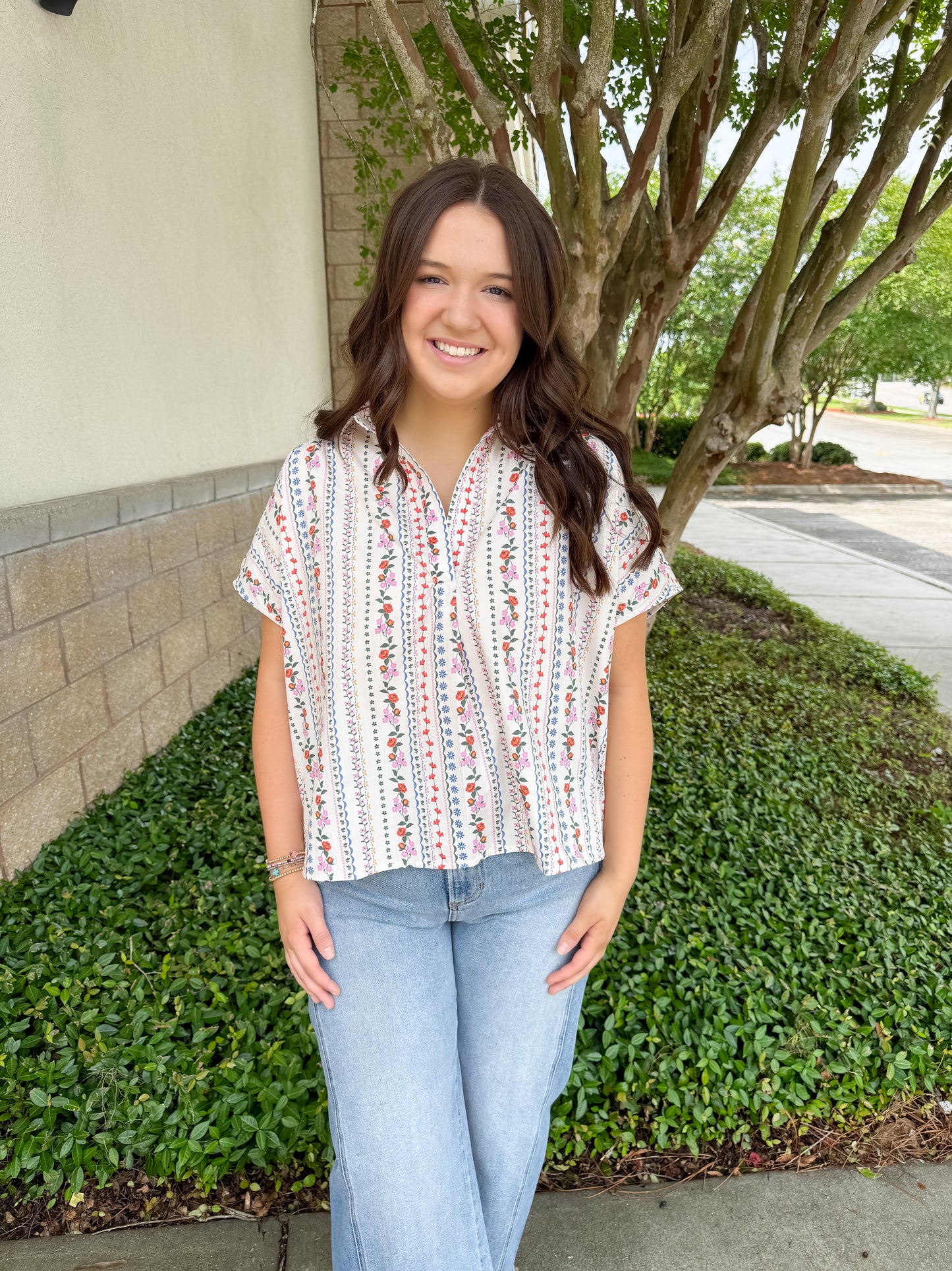 Helen Signature Collar Top - Pink Vines