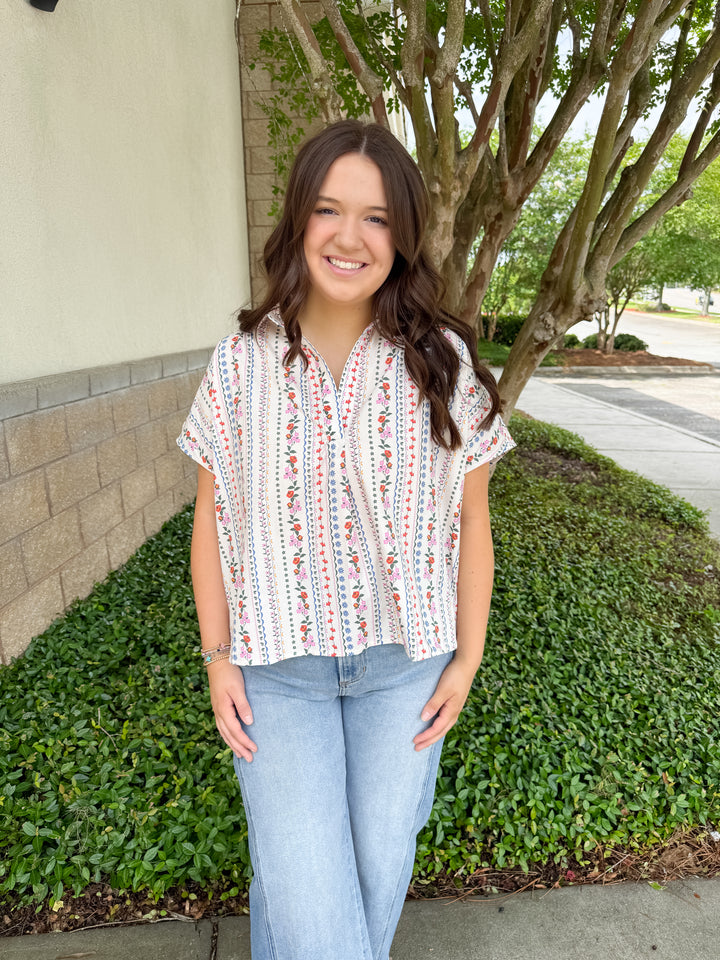 Helen Signature Collar Top - Pink Vines