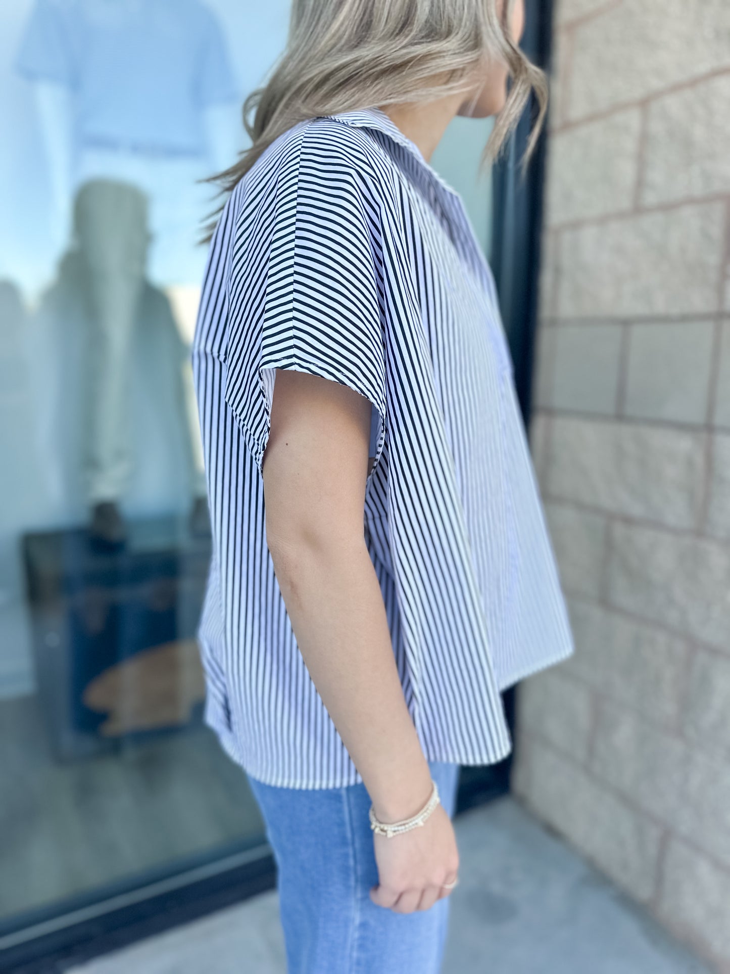 Helen Striped Signature Collar Top - Black