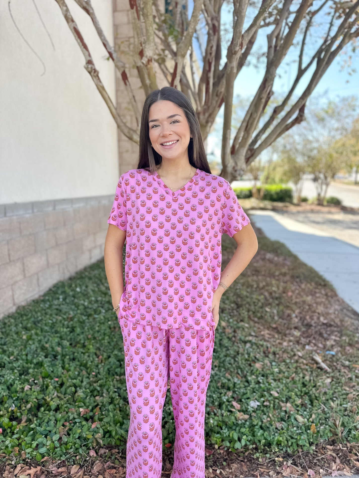 Alli Floral Fouland Pajama Pant Set - Pink