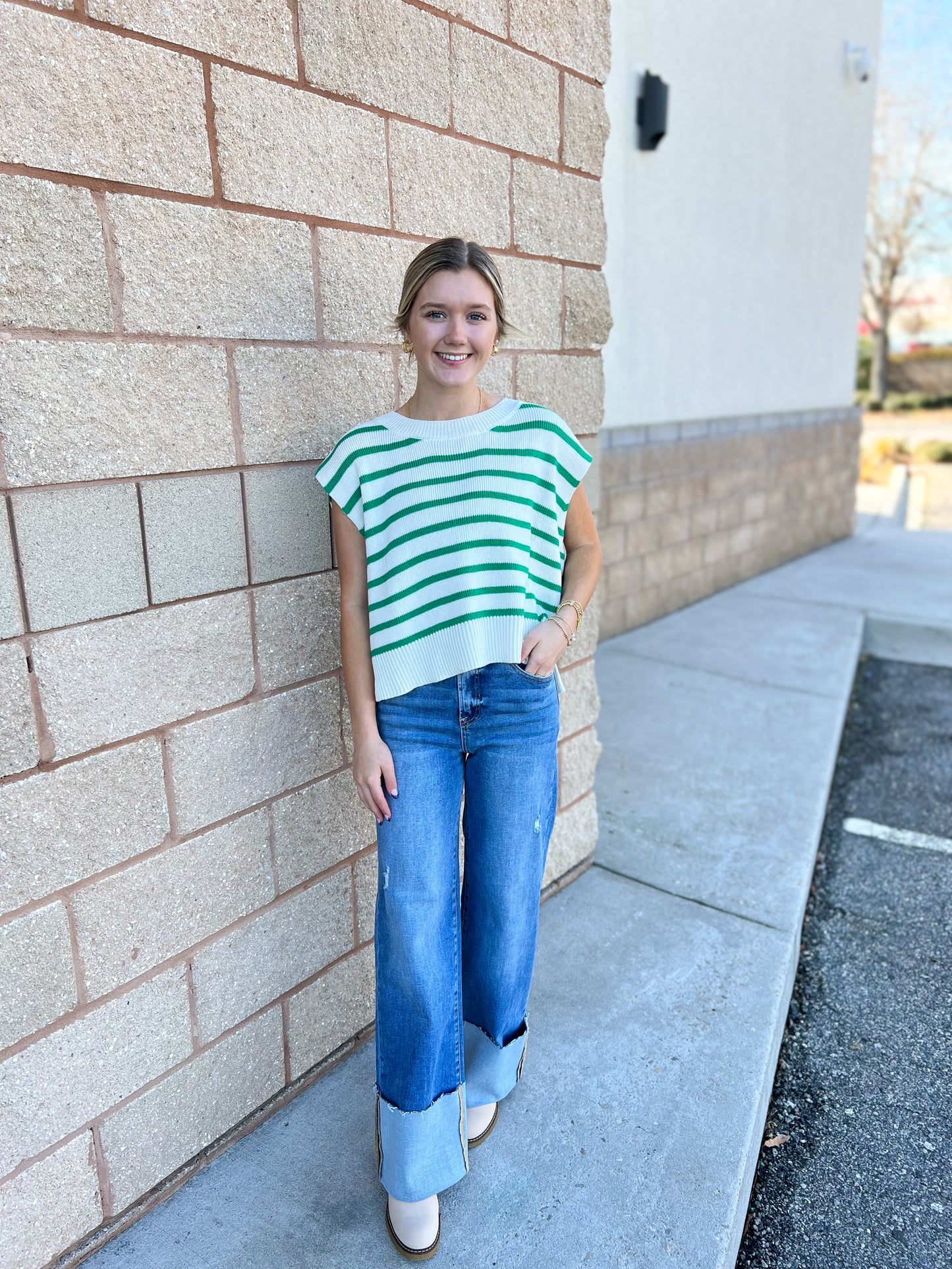 Madison Striped Sweater Vest - Green/Off-White