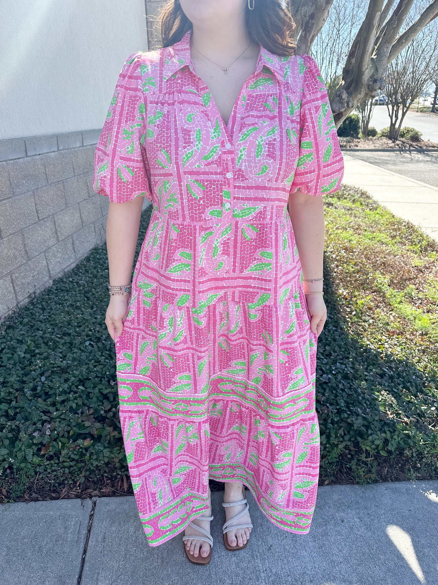 Eloise Dress - Trellis Tiles Pink