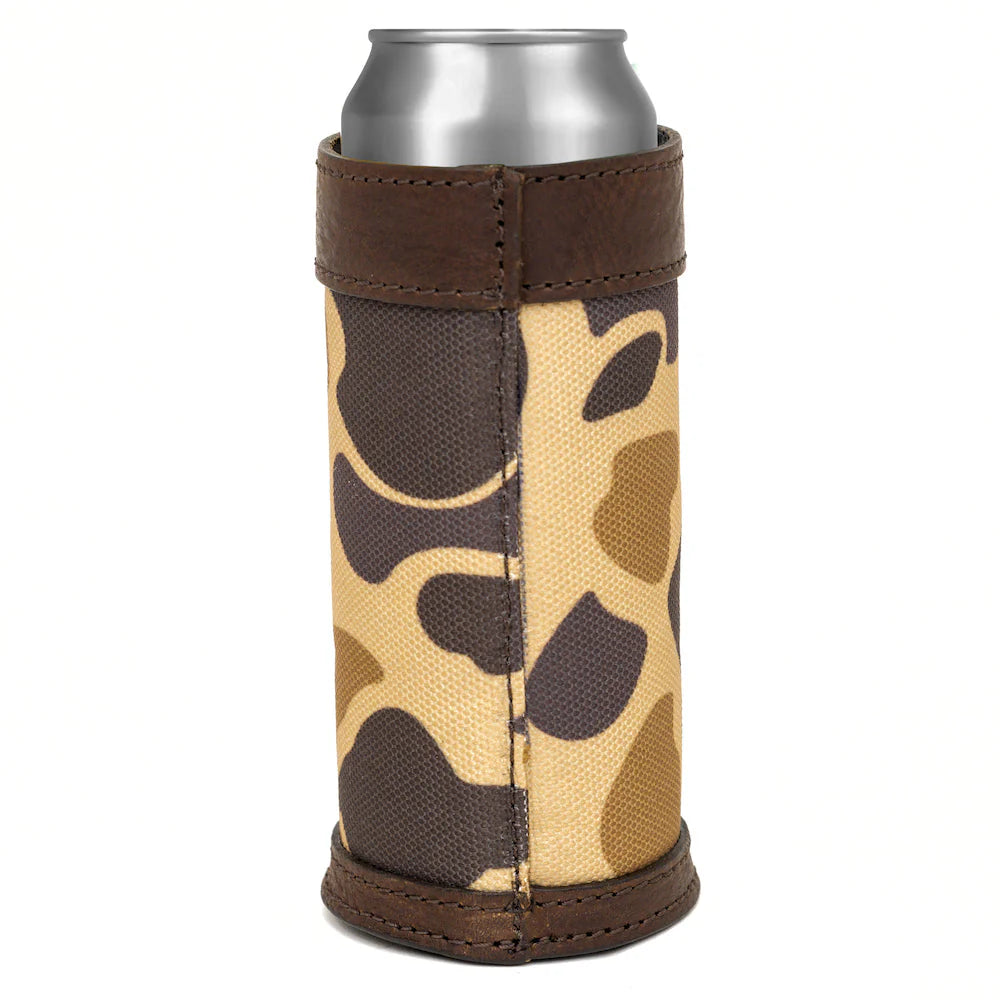 Mission Mercantile Campaign Leather Slim Can Koozie - Smoke Vintage Camo