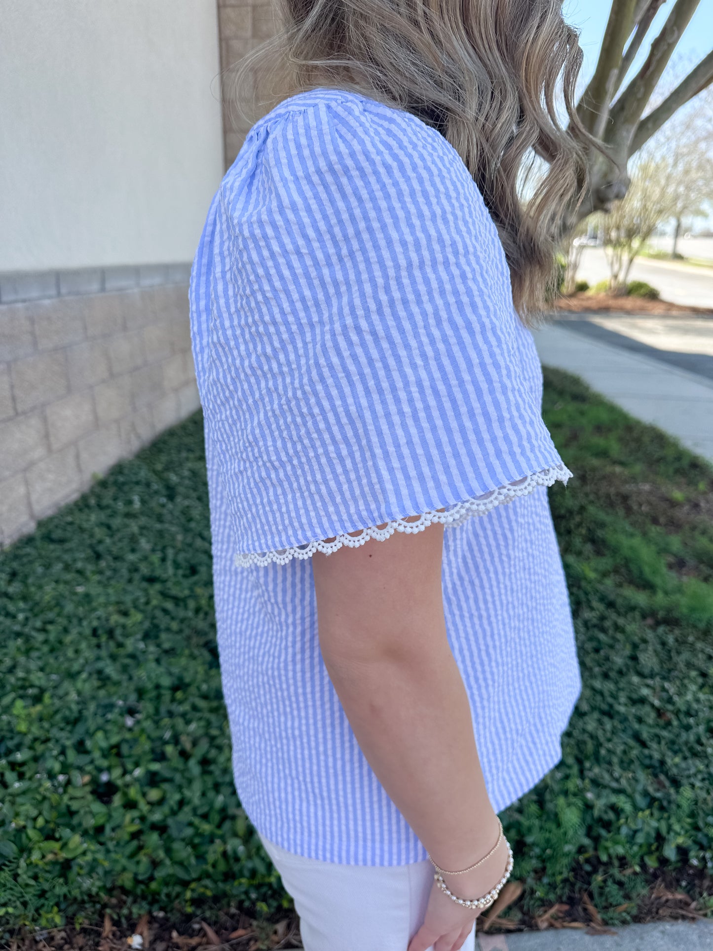 Lori Top - Blue & White Seersucker