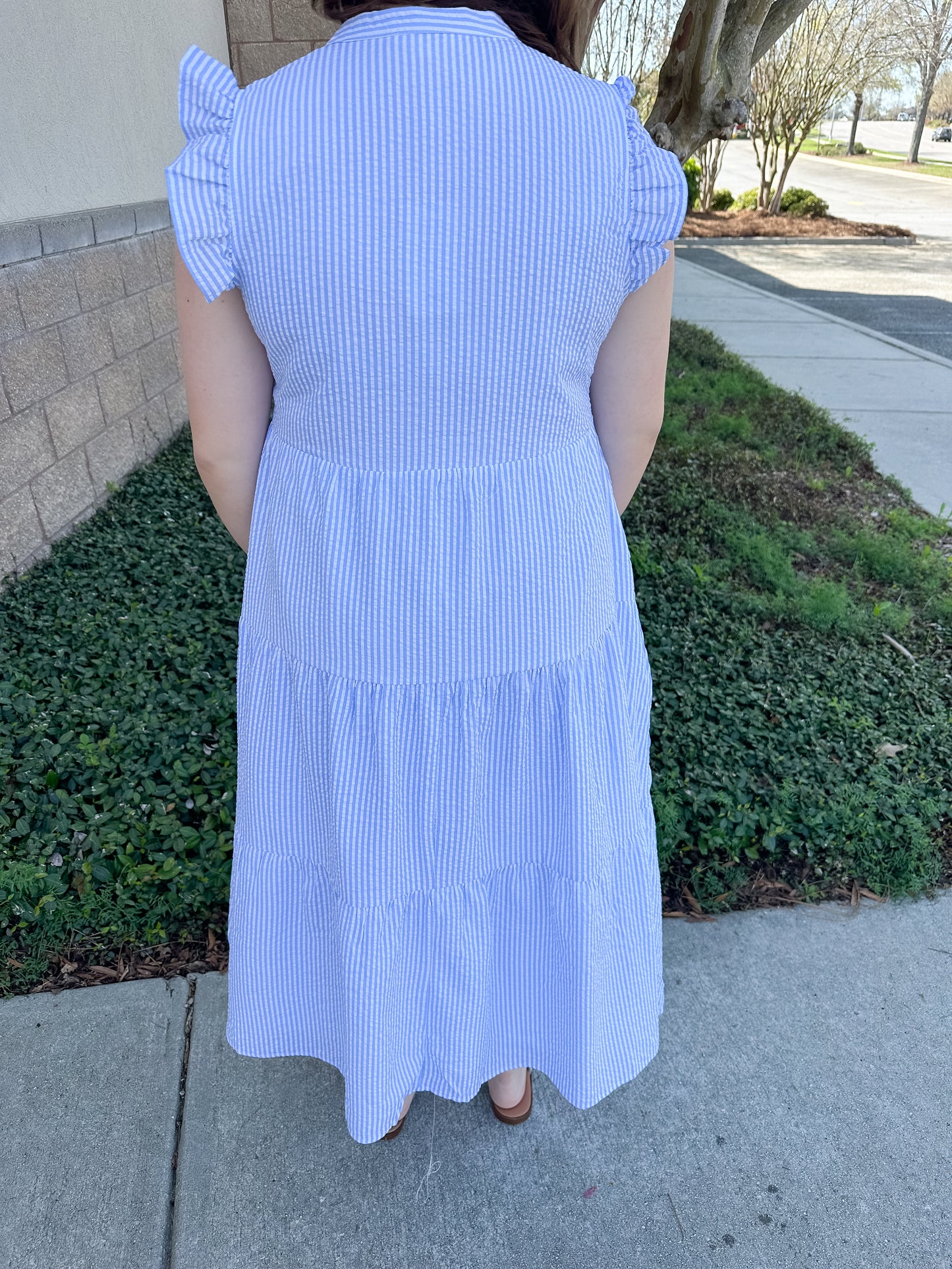 Kari Dress - Blue & White Seersucker