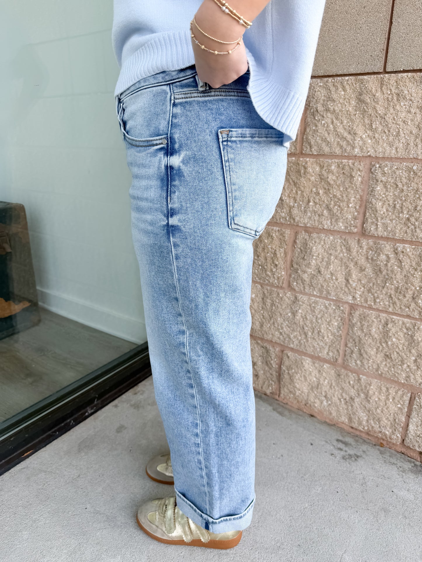 Risen Elise - Mid Rise Ankle Boyfriend Cuffed Jeans - Light