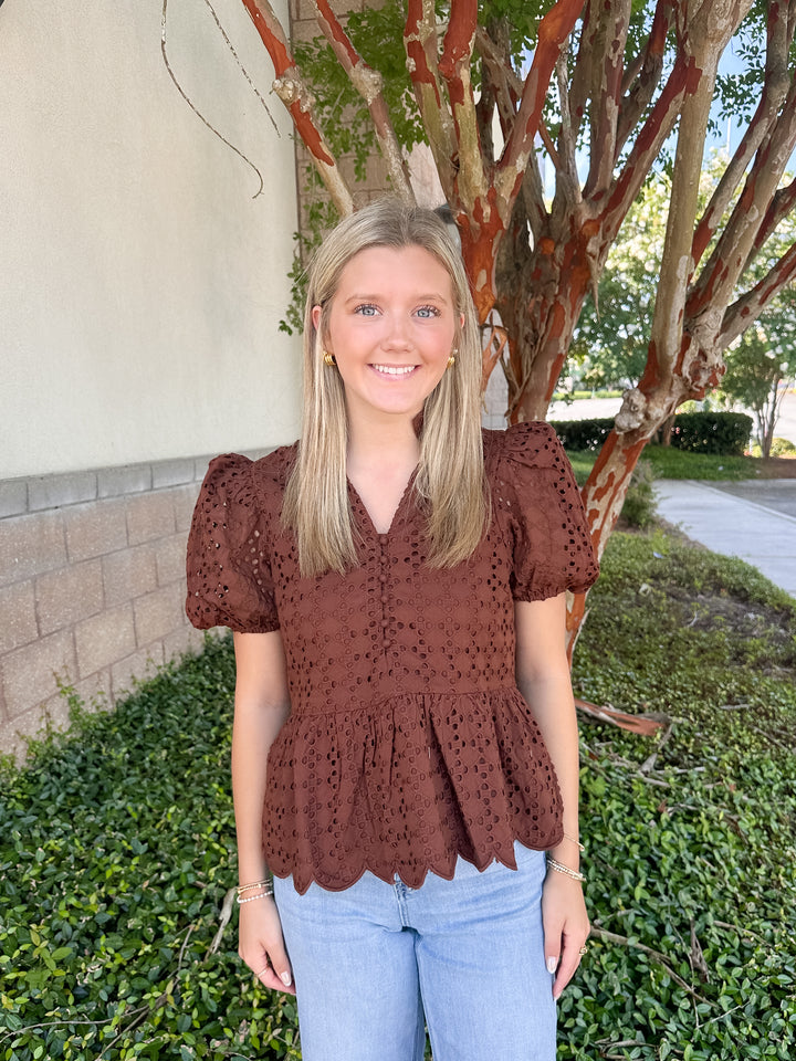 Elise Eyelet Top - Brown