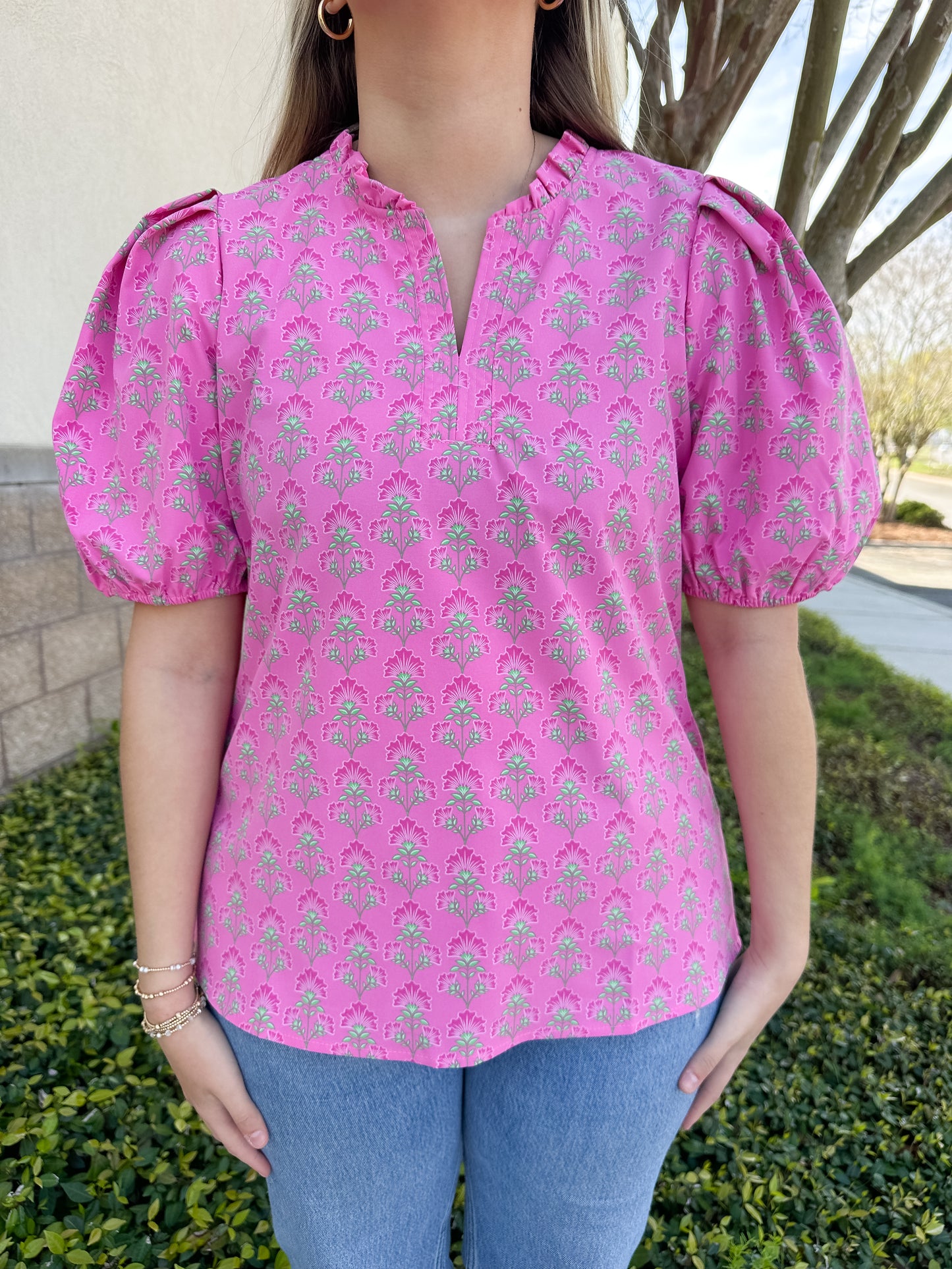 Lainey Top - Deco Lillies Fuchsia