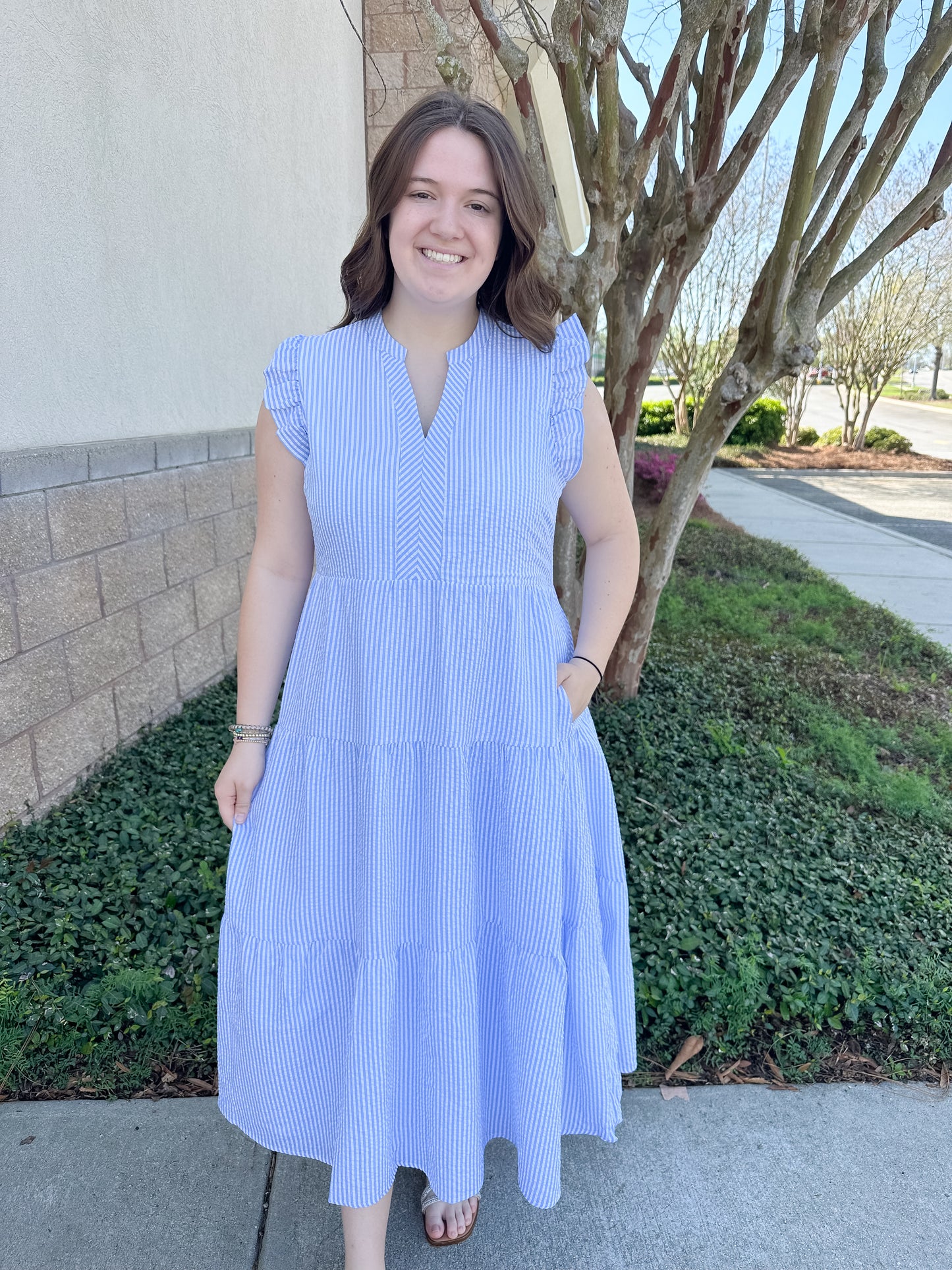 Kari Dress - Blue & White Seersucker