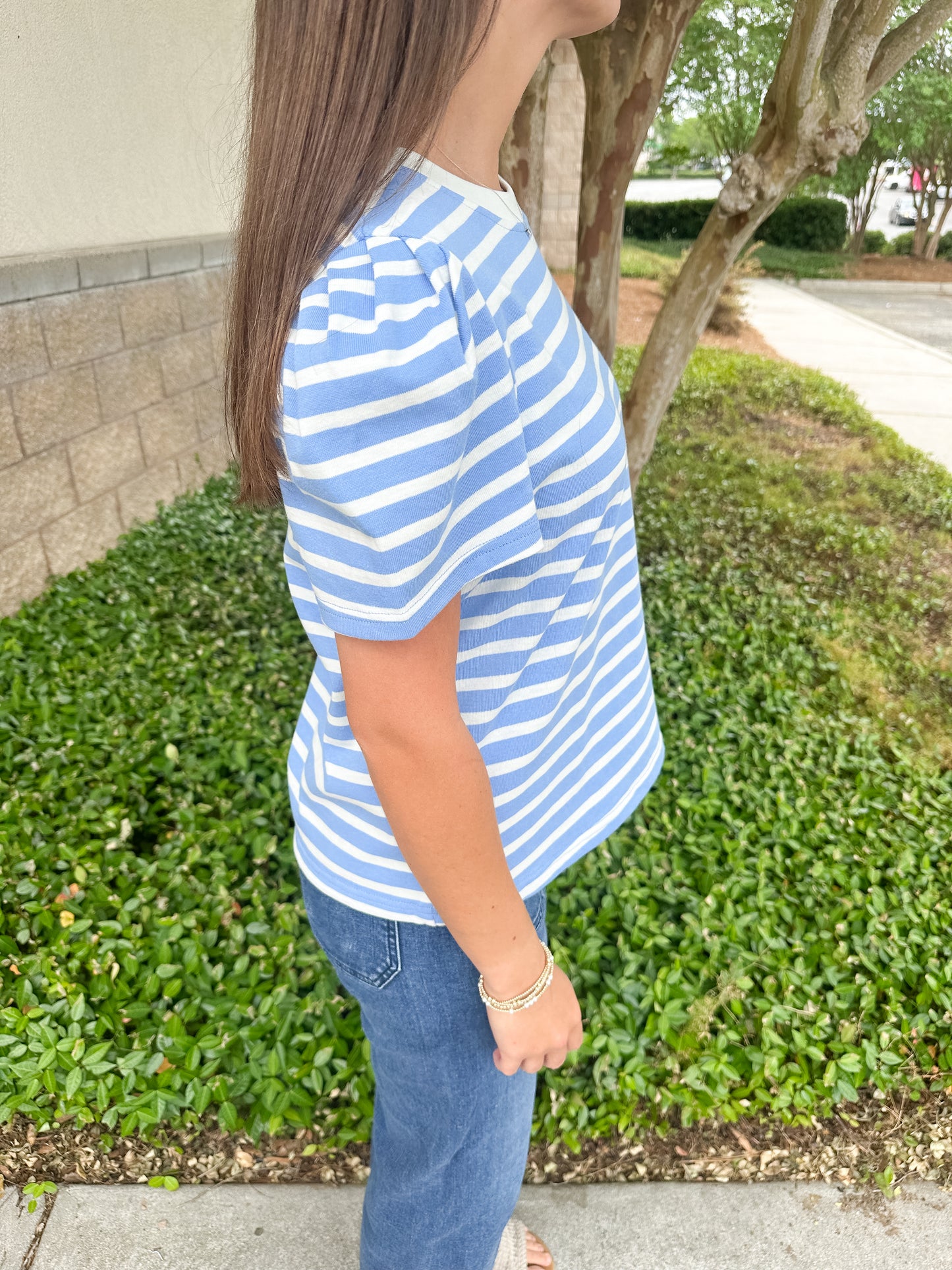 Larissa Pleat Sleeve Tee - Blue & White