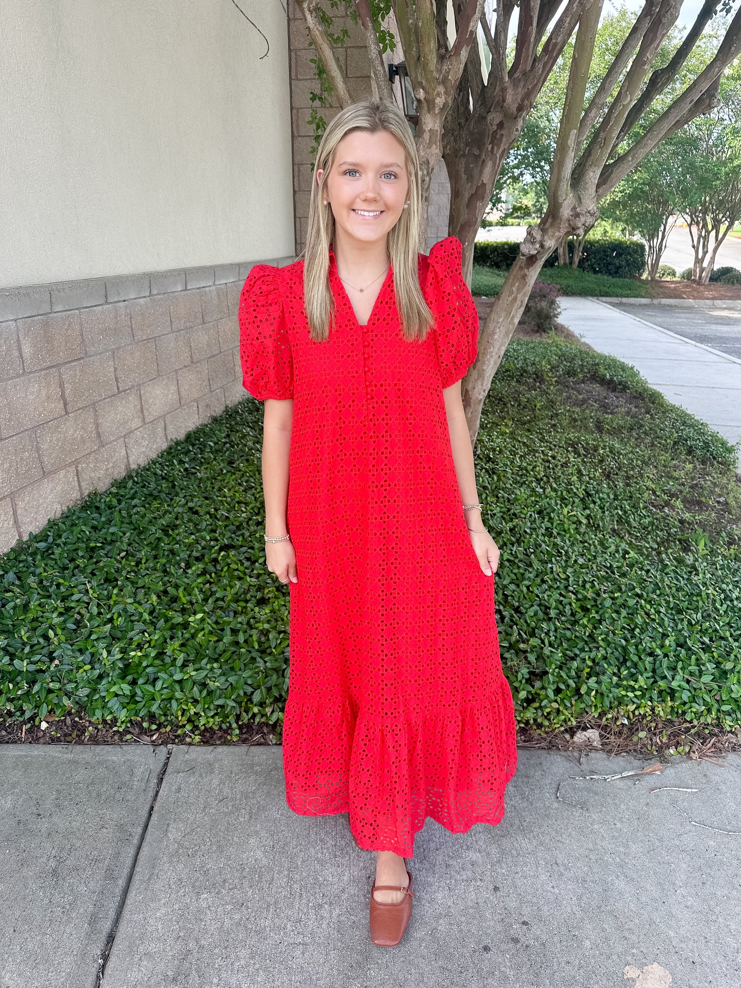 Elise Eyelet Maxi Dress - Red