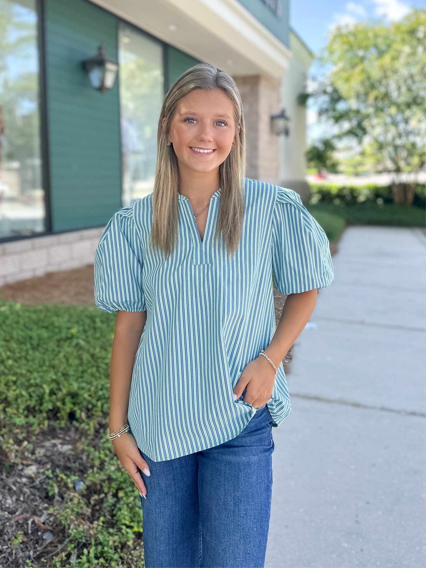 Lainey Top - Simple Stripe Blue/Green