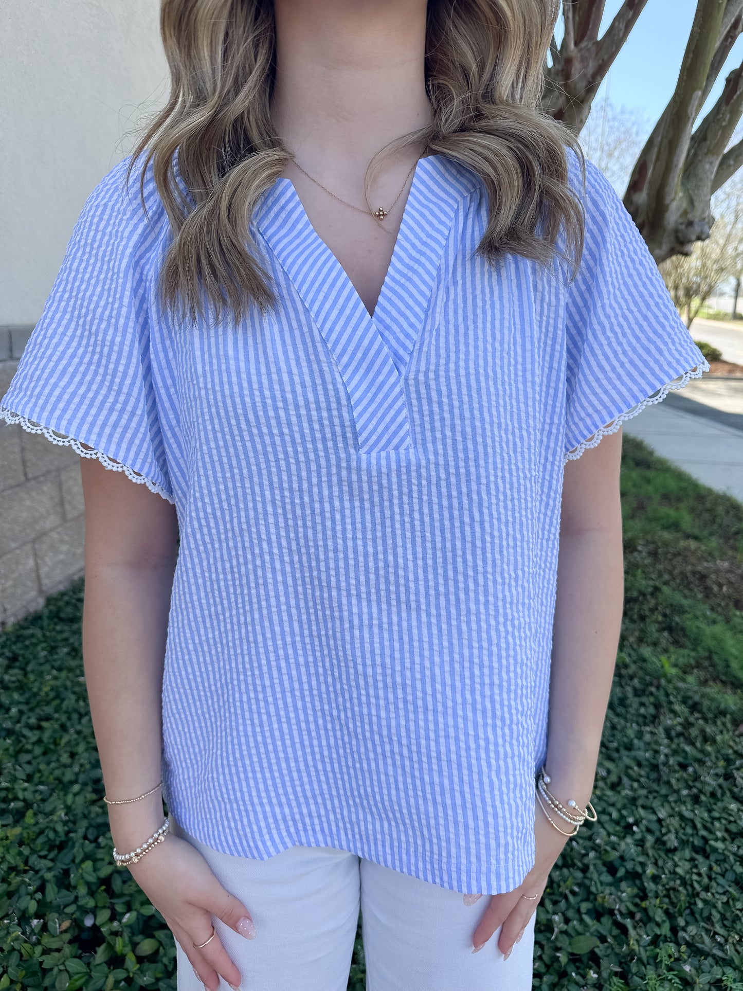 Lori Top - Blue & White Seersucker