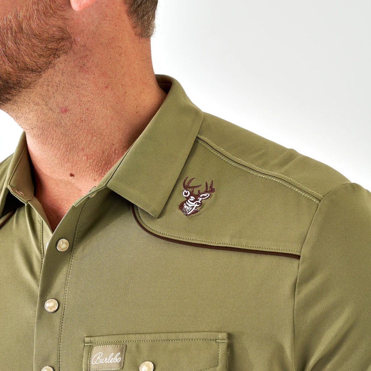 Burlebo Men’s Pearl Snap Performance Polo - Whitetail Deer Green
