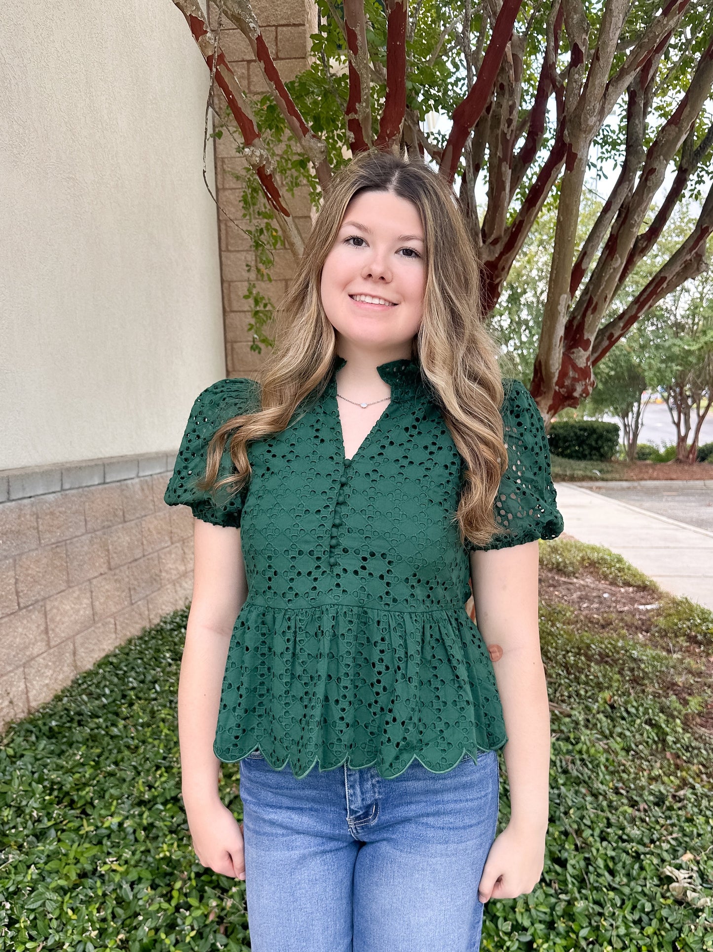 Elise Eyelet Top - Dark Green