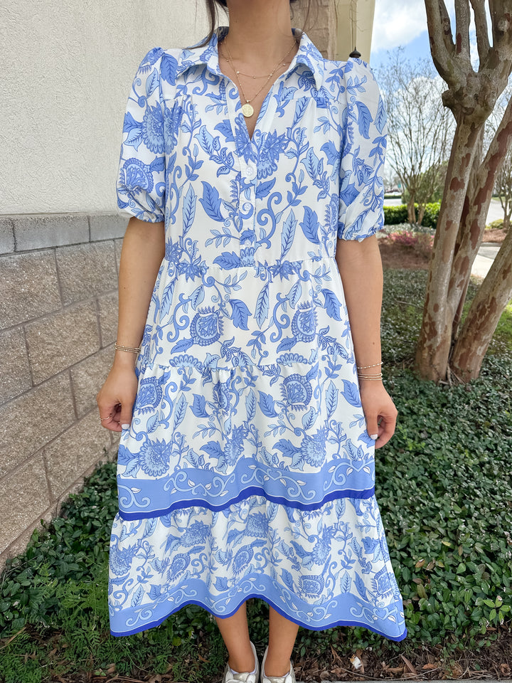Eloise Dress - Porcelain Vines Blue