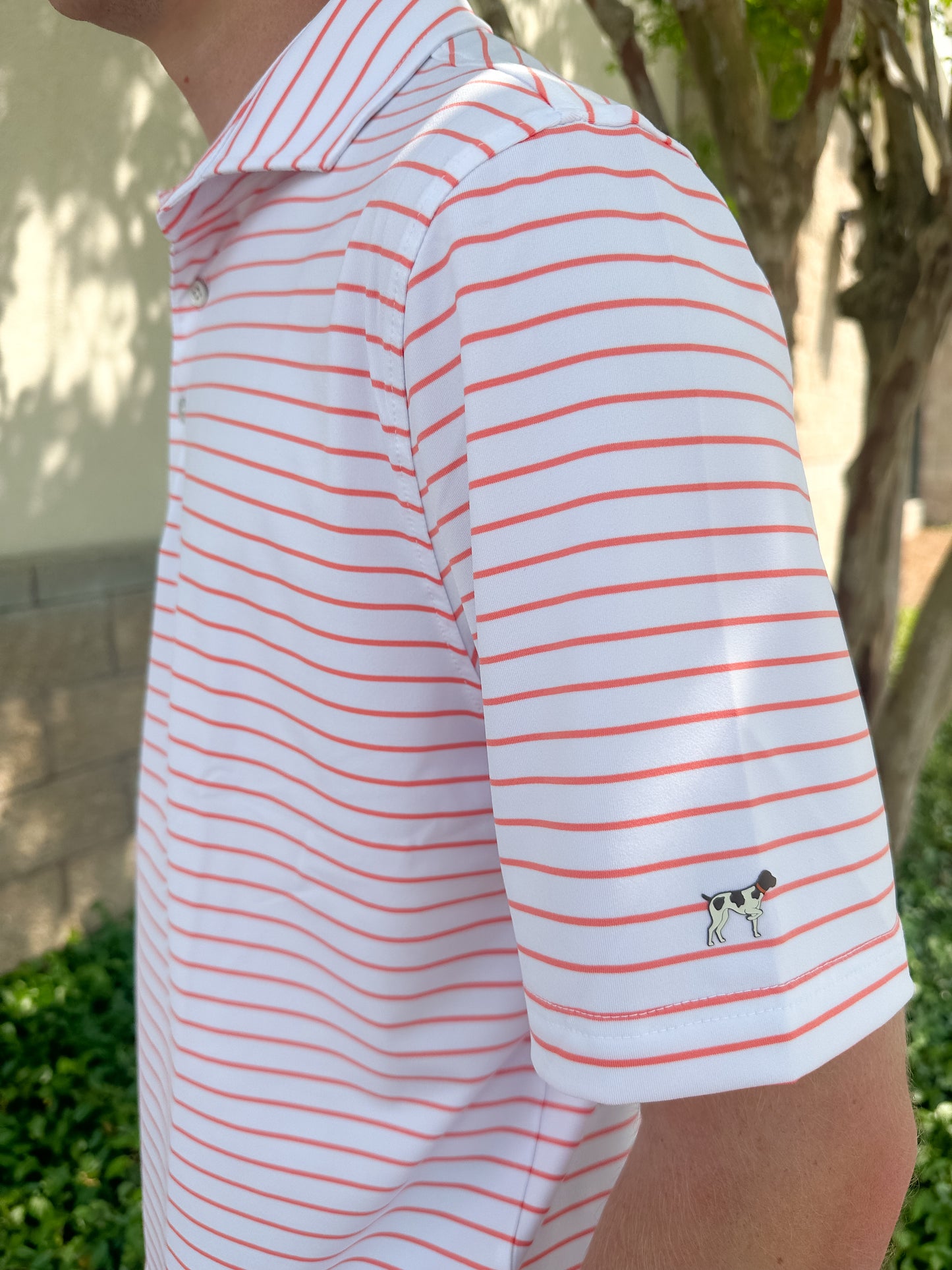 SPC Men’s Horizon Stripe Performance Polo - White/Coral
