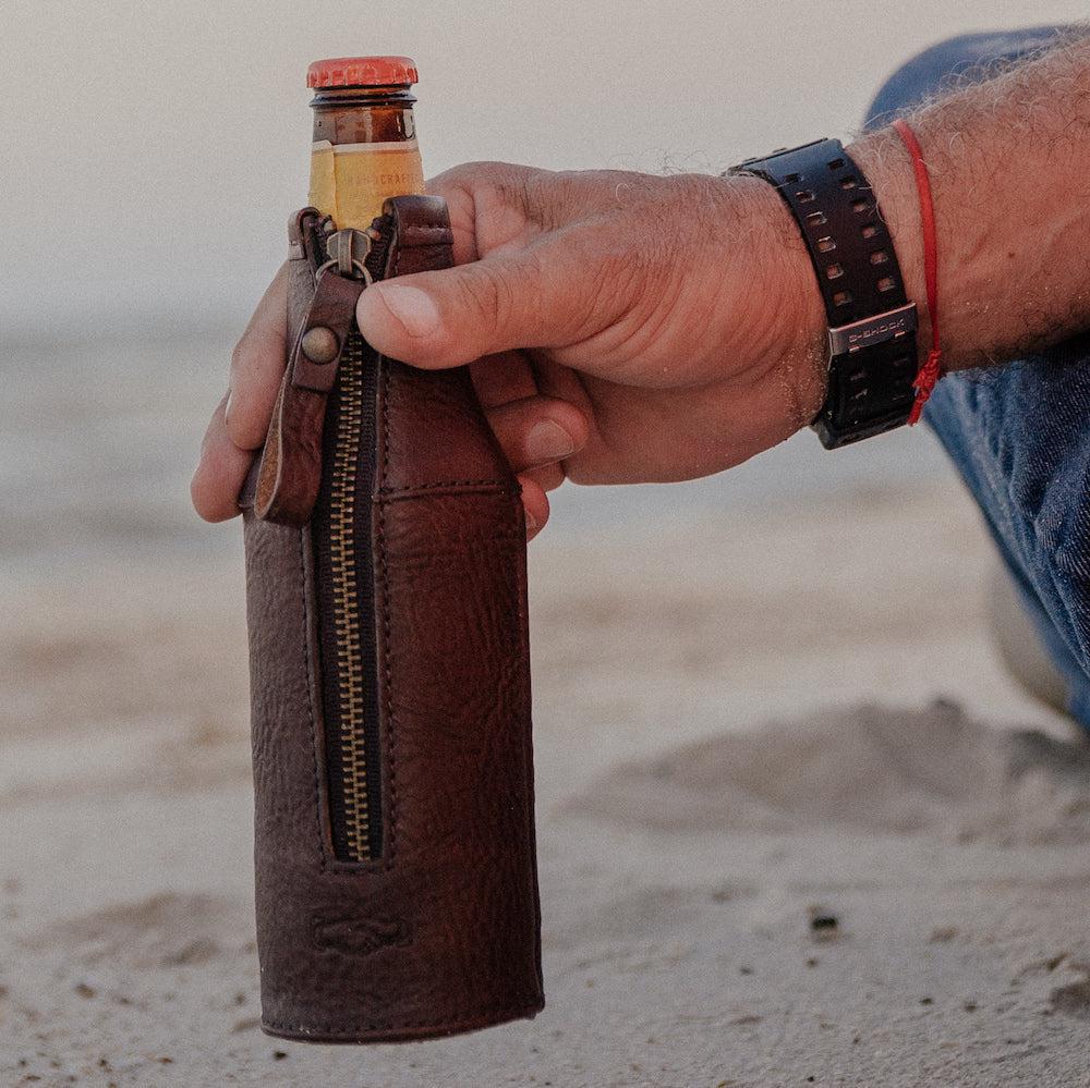 Mission Mercantile Campaign Leather Bottle Koozie - Smoke