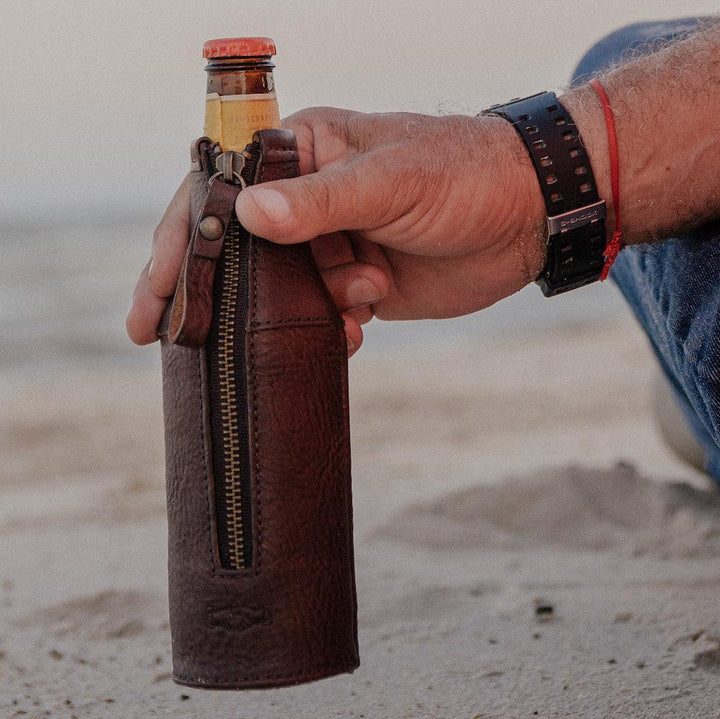 Mission Mercantile Campaign Leather Bottle Koozie - Smoke