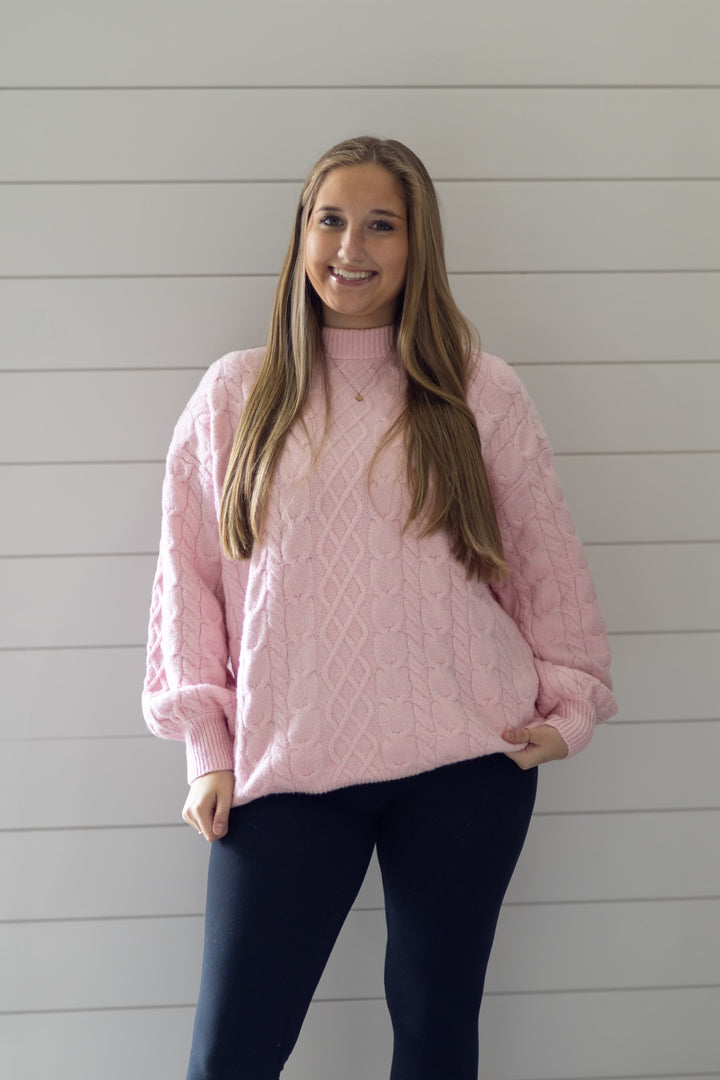 Comfy Cozy Cable Sweater Pink Mist