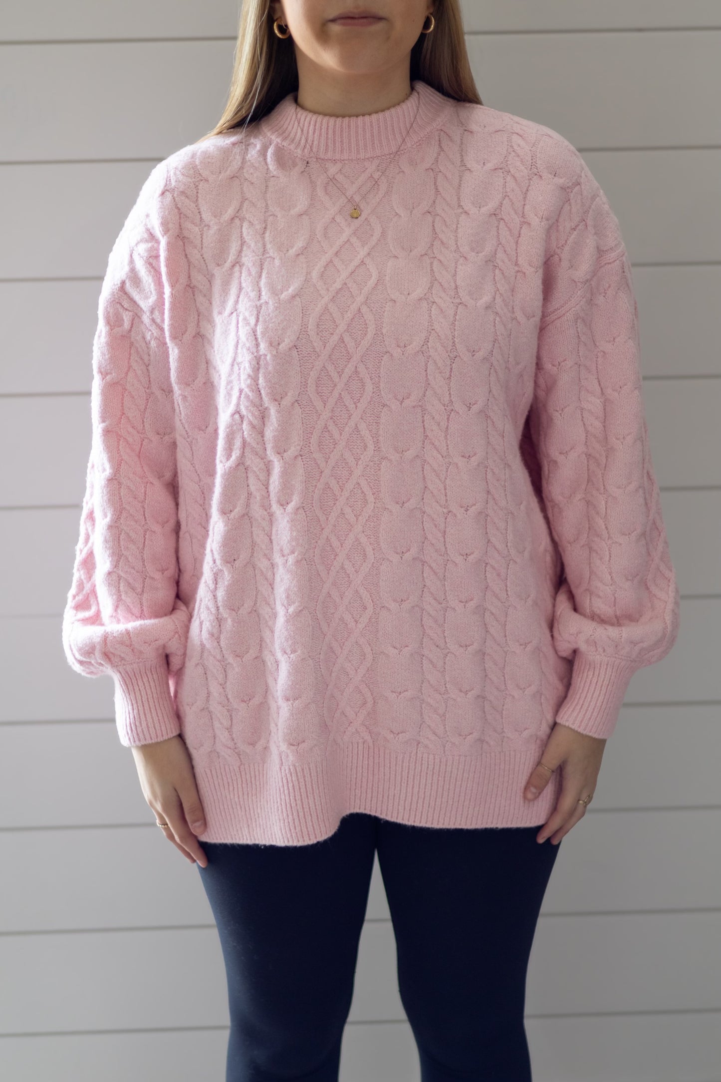 Comfy Cozy Cable Sweater Pink Mist