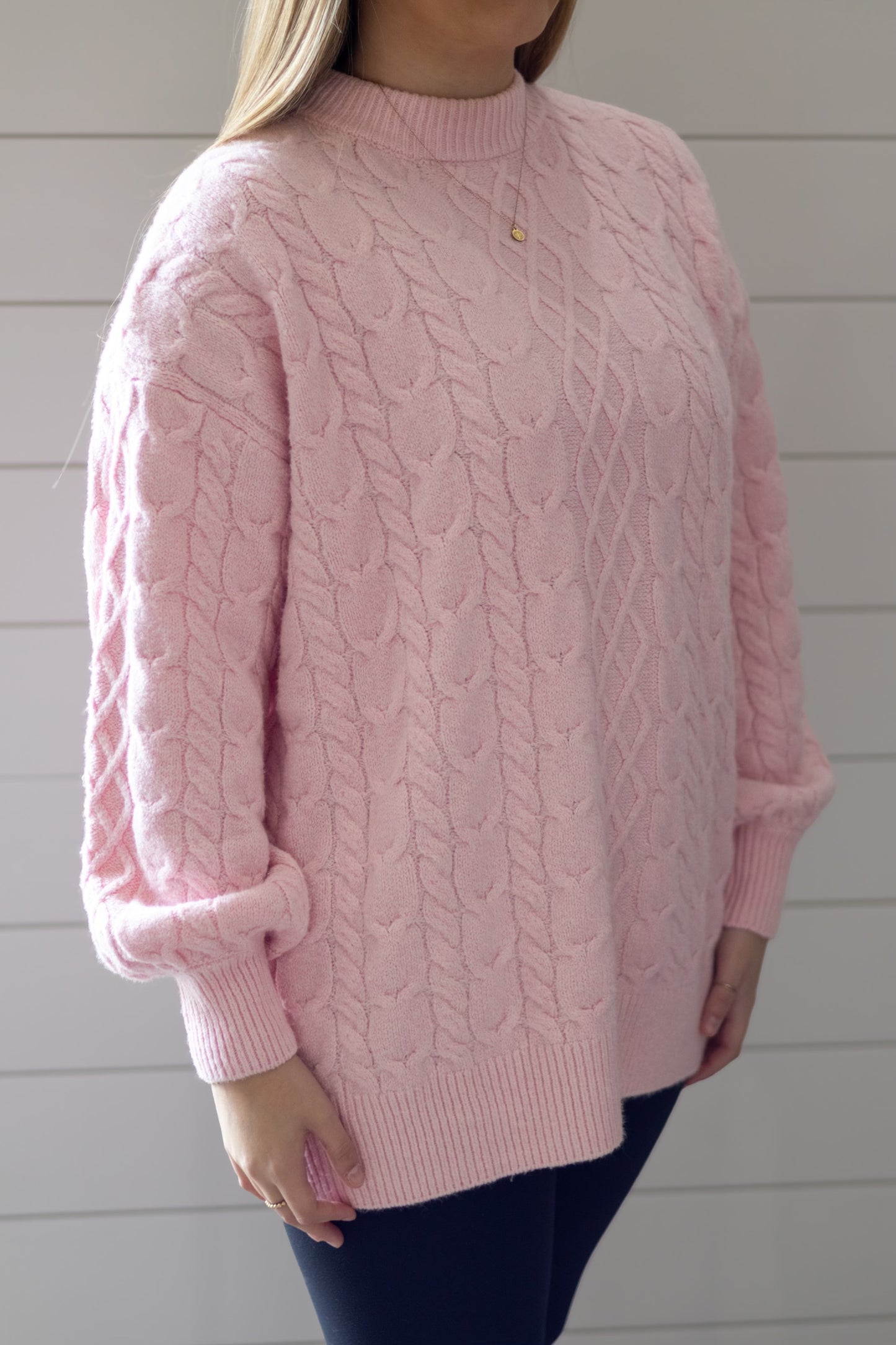 Comfy Cozy Cable Sweater Pink Mist