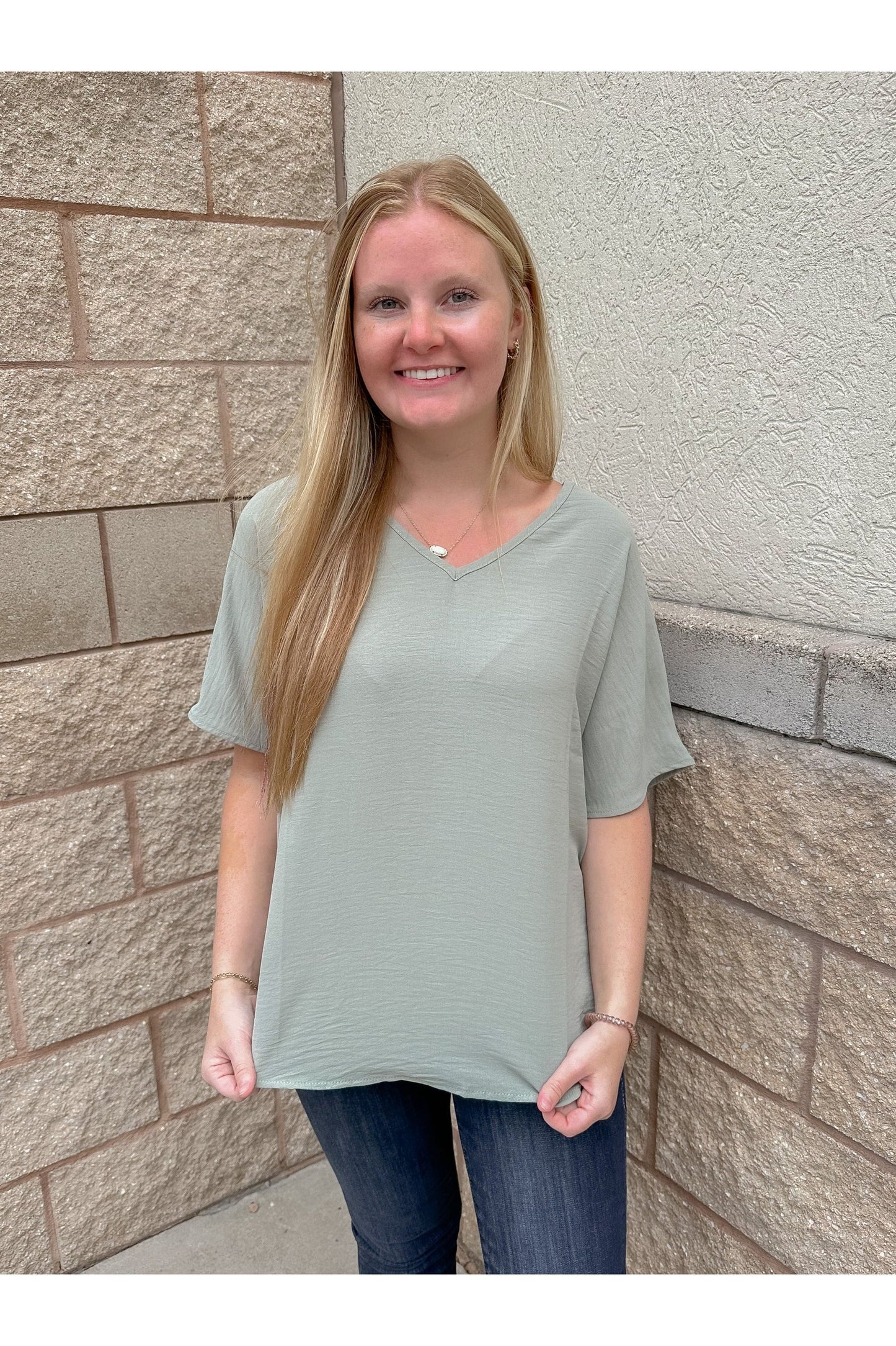 Best Basic V-Neck Blouse: Sage