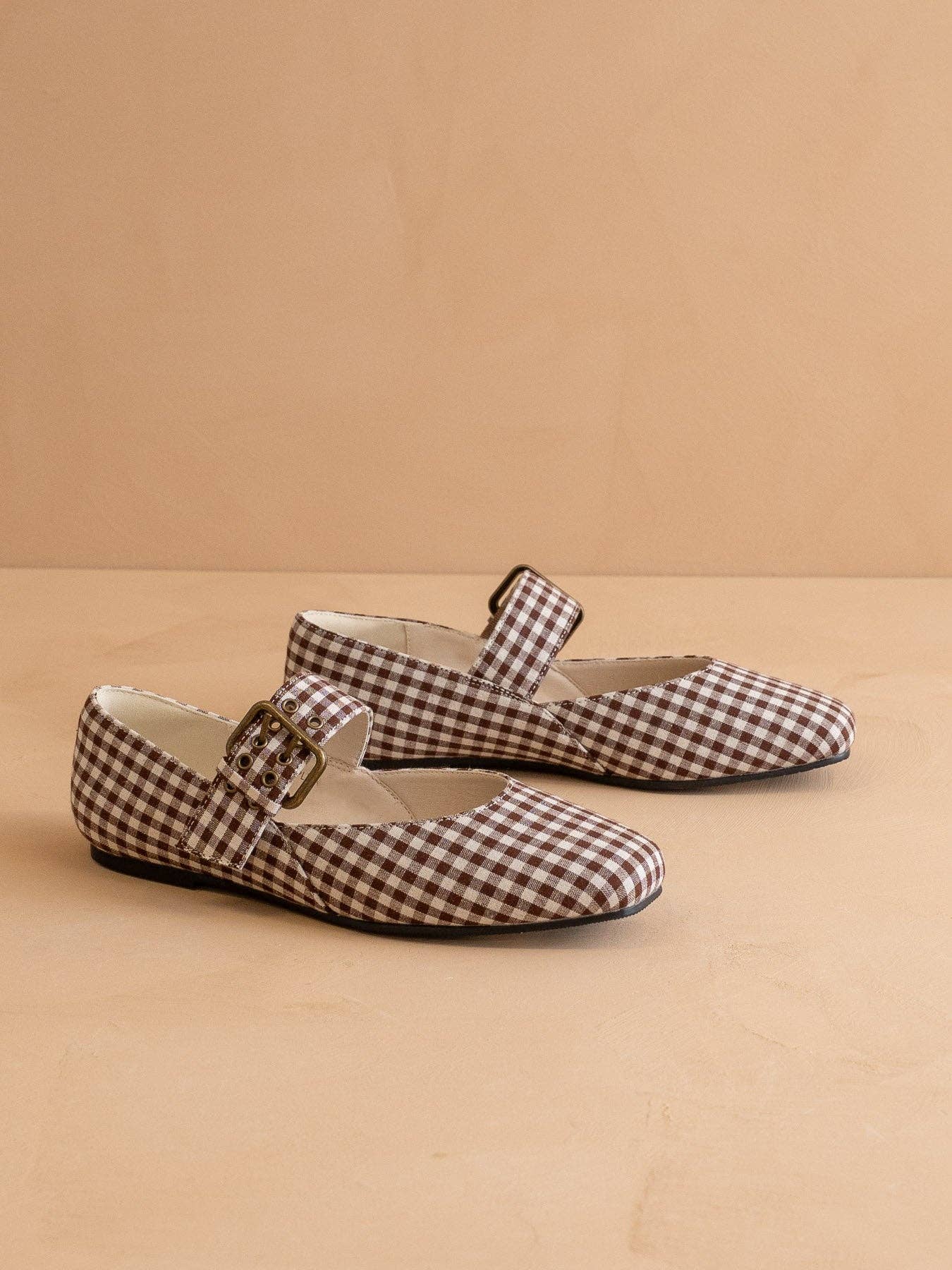 The Soho | Coffee Gingham Ballet Fall Flat Studded Buckle