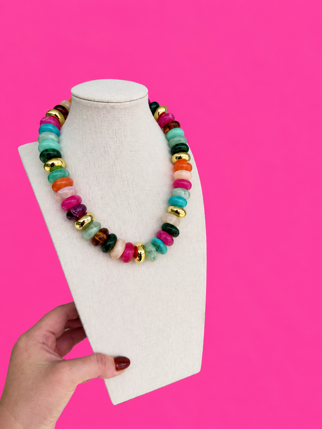 Circle with Gold Bead Necklace - Multi with Gold