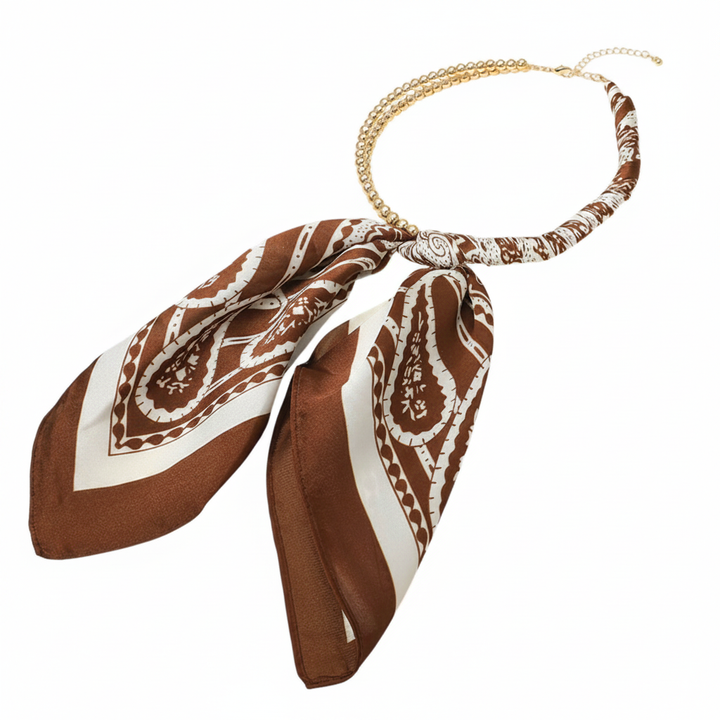 Scarf and Gold Bead Necklace - Brown