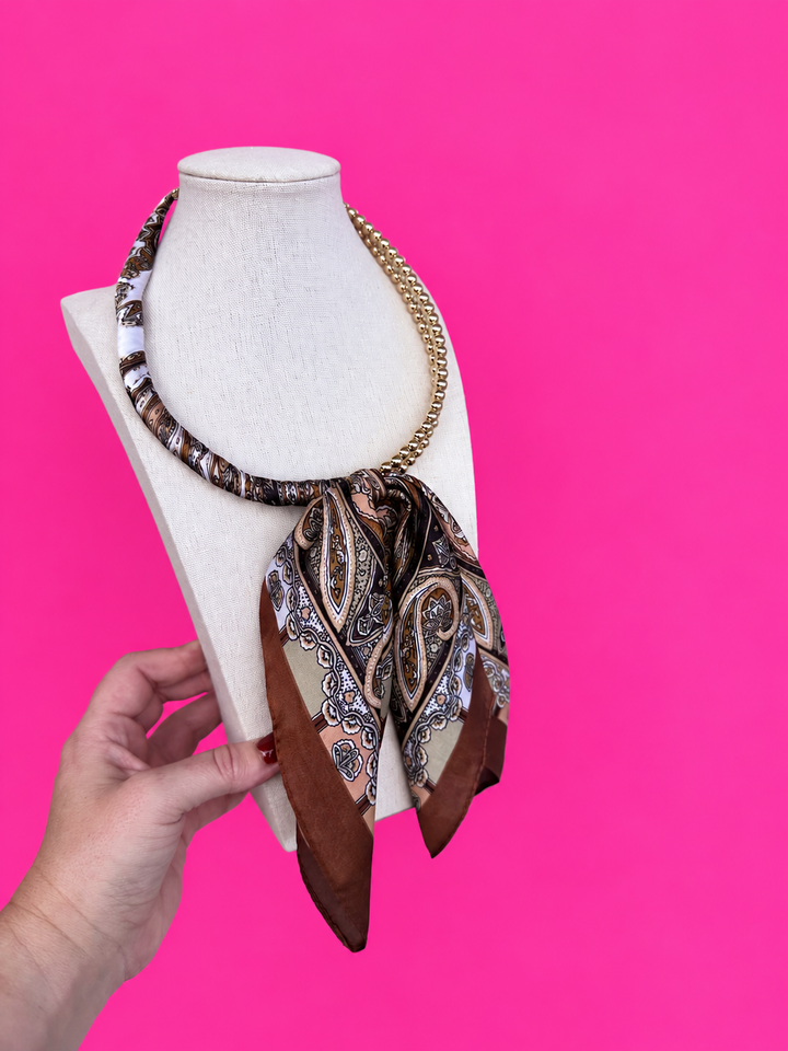 Scarf and Gold Bead Necklace - Brown with Orange Paisley