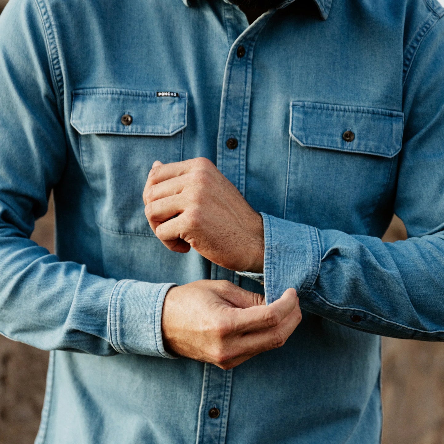 Poncho Men’s “The Franklin” Denim Slim Shirt - Medium Wash