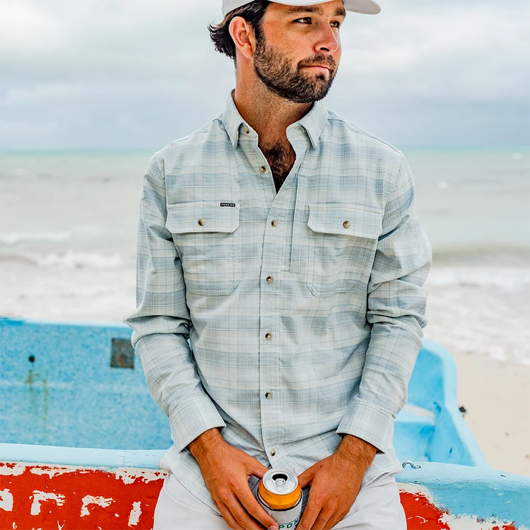 Poncho Men’s “The Hilton Head” Slim Performance Flannel - Ice Blue Plaid