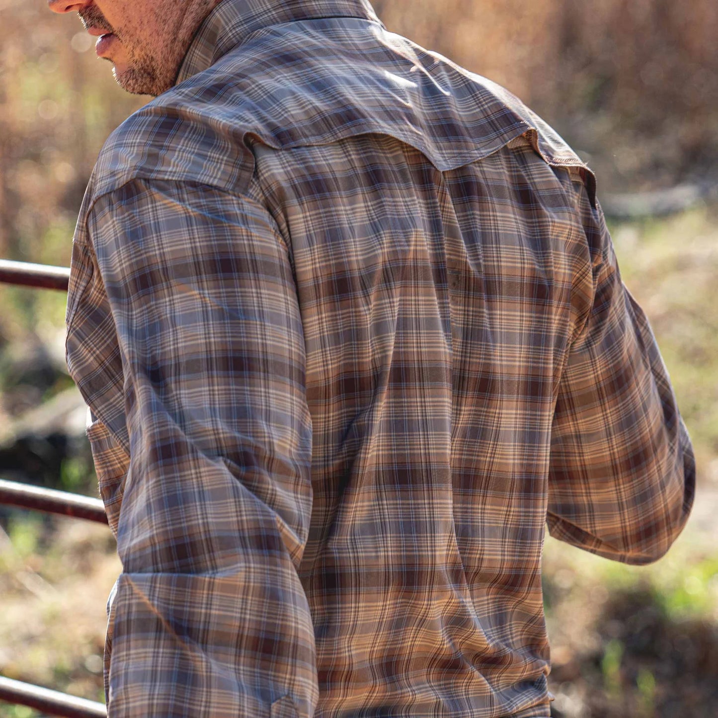 Poncho Men’s “The Muleshoe” Regular L/S Shirt - Brown & Blue Plaid