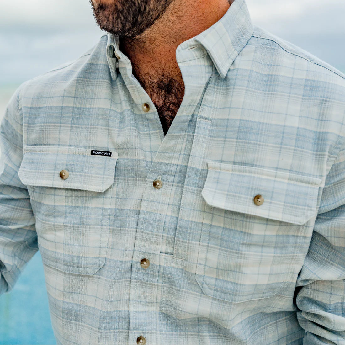 Poncho Men’s “The Hilton Head” Slim Performance Flannel - Ice Blue Plaid