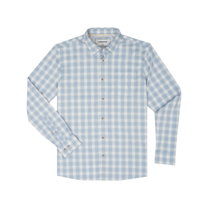Poncho Men’s “The Lido Key” Regular L/S Shirt - Washed Blue & Grey Plaid
